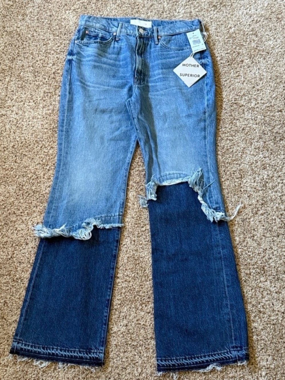 MOTHER Two-Tone Frayed Hem Flare Jeans - Light & Dark Blue